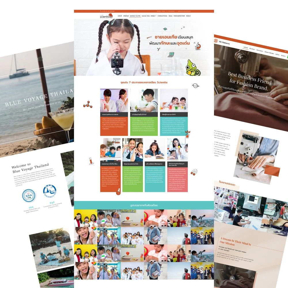 ตัวอย่างเว็บไซต์ธุรกิจที่ Ecommyone ออกแบบและพัฒนา ทั้ง Blue Voyage Thailand, Scientia และ Hit Patterns